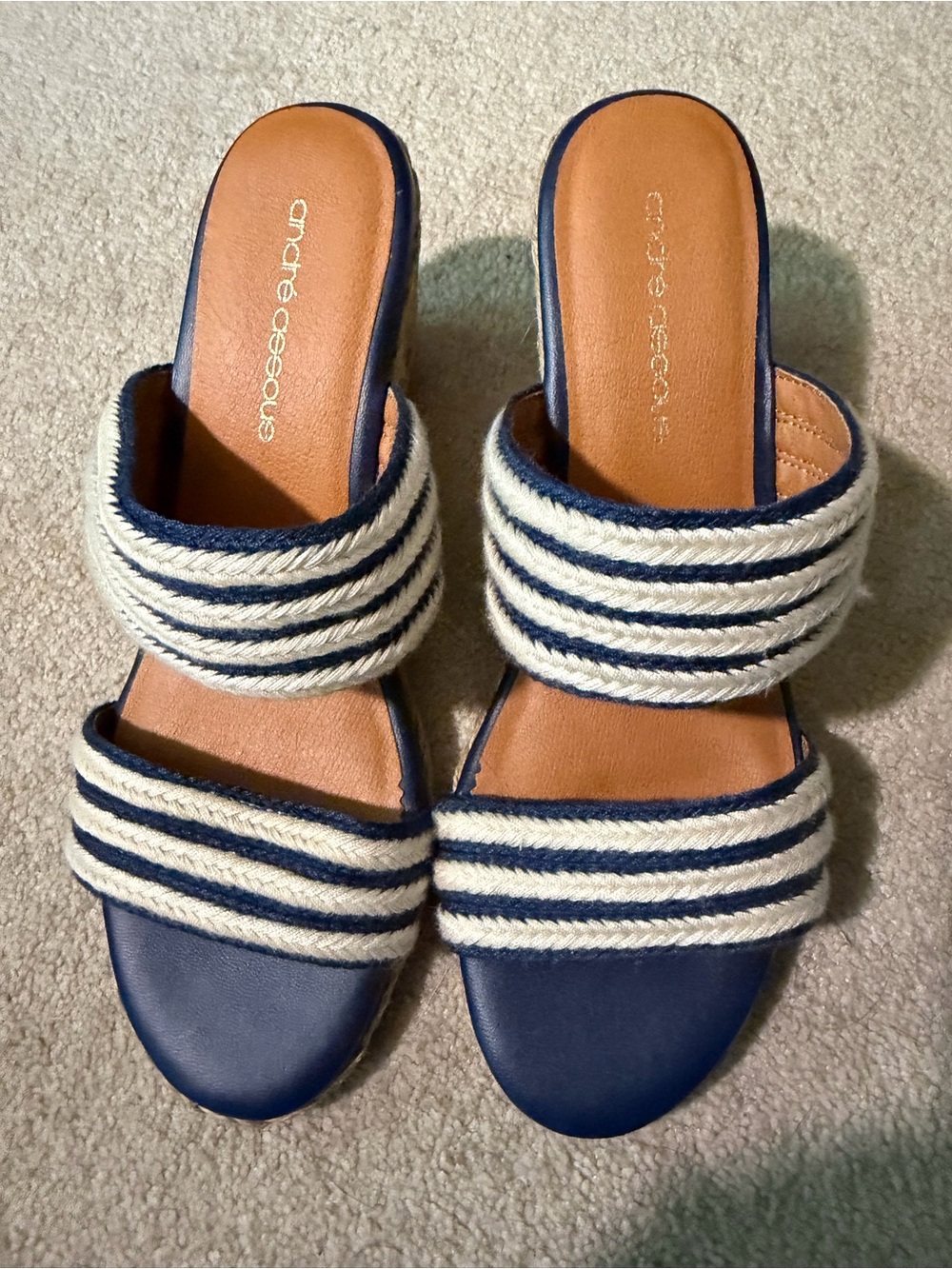 Andre Assous Navy and Cream Striped Rope Slide Mules - size 8